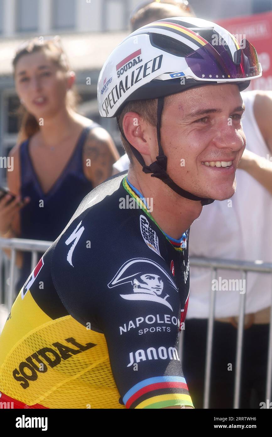 Larra Belagua, Spain. 09th Sep, 2023. Belgian Remco Evenepoel of Soudal Quick-Step pictured at the start of stage 14 of the 2023 edition of the 'Vuelta a Espana', from Sauveterre-de-Bearn, France, to Larra-Belagua, Spain, (156, 2 km) Saturday 09 September 2023. The Vuelta takes place from 26 August to 17 September. BELGA PHOTO PEP DALMAU Credit: Belga News Agency/Alamy Live News Stock Photo