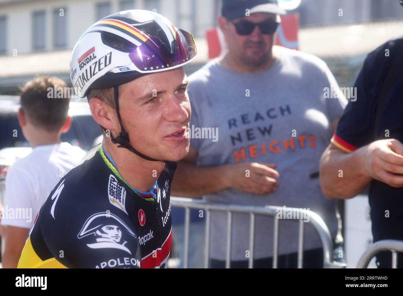 Larra Belagua, Spain. 09th Sep, 2023. Belgian Remco Evenepoel of Soudal Quick-Step pictured at the start of stage 14 of the 2023 edition of the 'Vuelta a Espana', from Sauveterre-de-Bearn, France, to Larra-Belagua, Spain, (156, 2 km) Saturday 09 September 2023. The Vuelta takes place from 26 August to 17 September. BELGA PHOTO PEP DALMAU Credit: Belga News Agency/Alamy Live News Stock Photo