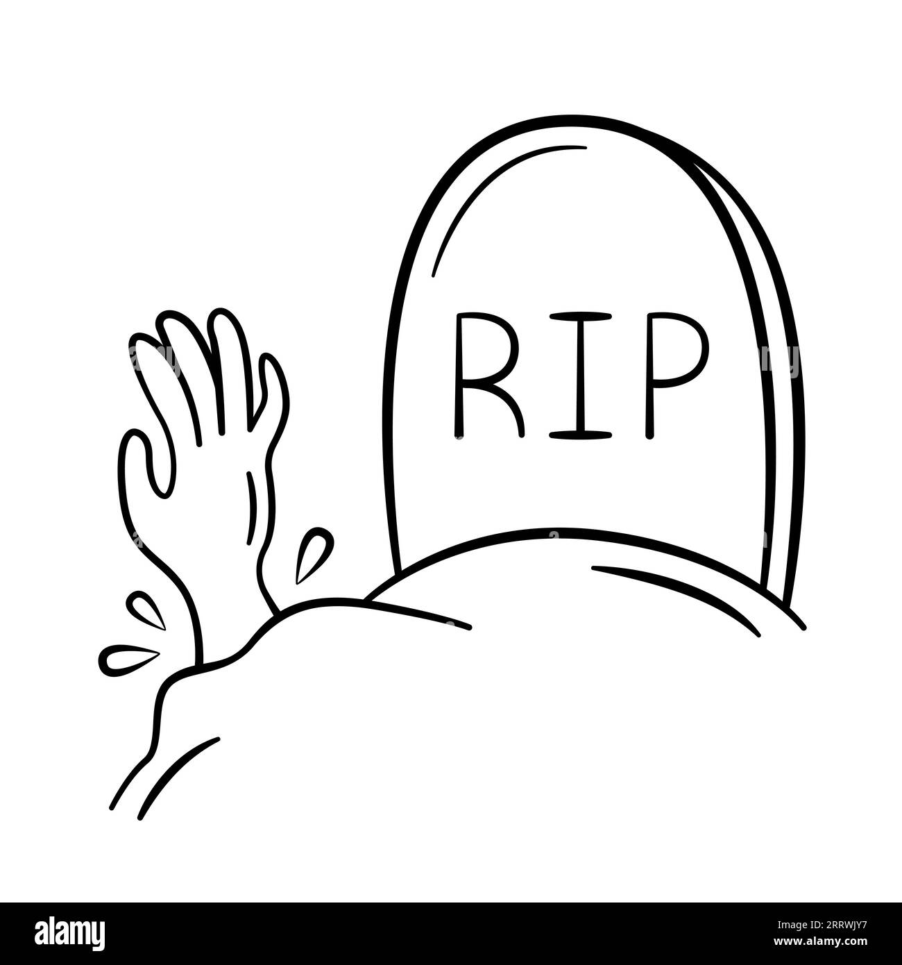 Grave with tombstone with RIP or Rest in Peace inscription and the arm sticking out from the ground. Halloween concept. Vector illustration Stock Vector