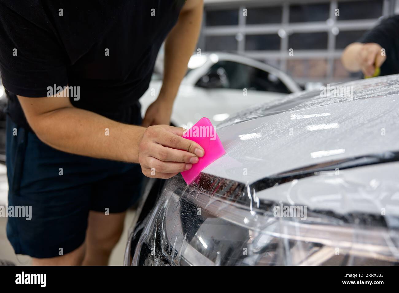 Closeup car protection vinyl film installation on hood Stock Photo Alamy
