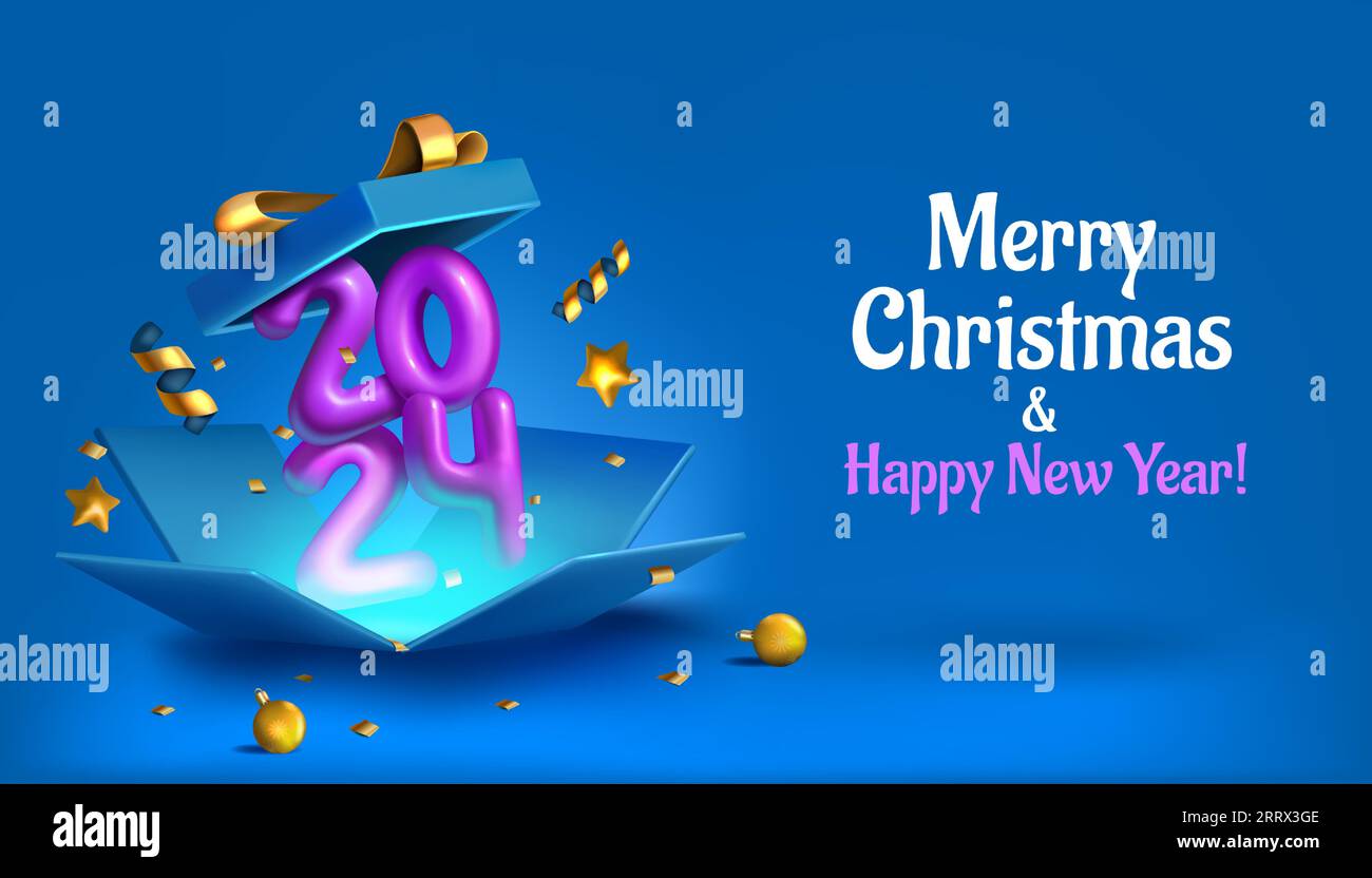 Holiday banner design. 2024 New Year celebration. 3D gift box. Opened