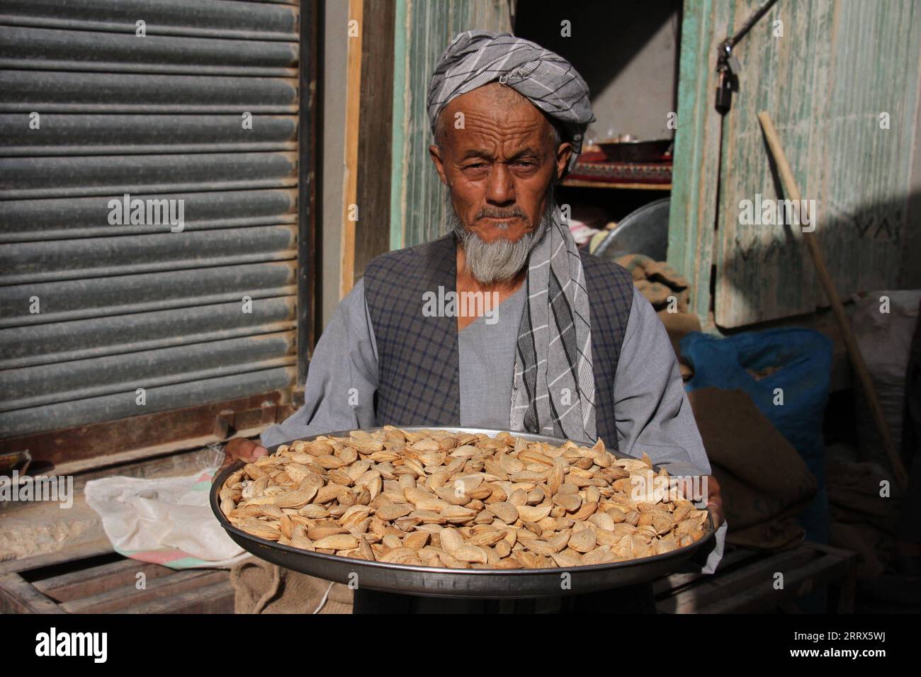 230822 -- SAMANGAN, Aug. 22, 2023 -- A farmer displays newly-harvested almonds in Samangan province, Afghanistan, Aug. 20, 2023. Afghan farmers in the northern province of Samangan are harvesting almonds, hoping to get a good income. Photo by /Xinhua AFGHANISTAN-SAMANGAN-ALMONDS KhibarxMomand PUBLICATIONxNOTxINxCHN Stock Photo