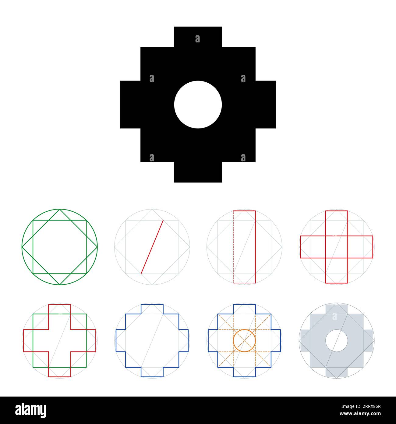 Construction of a Chakana, Andean cross and stepped cross motif. Step by step instruction. Inca symbol, used for architectural design and meditation. Stock Photo