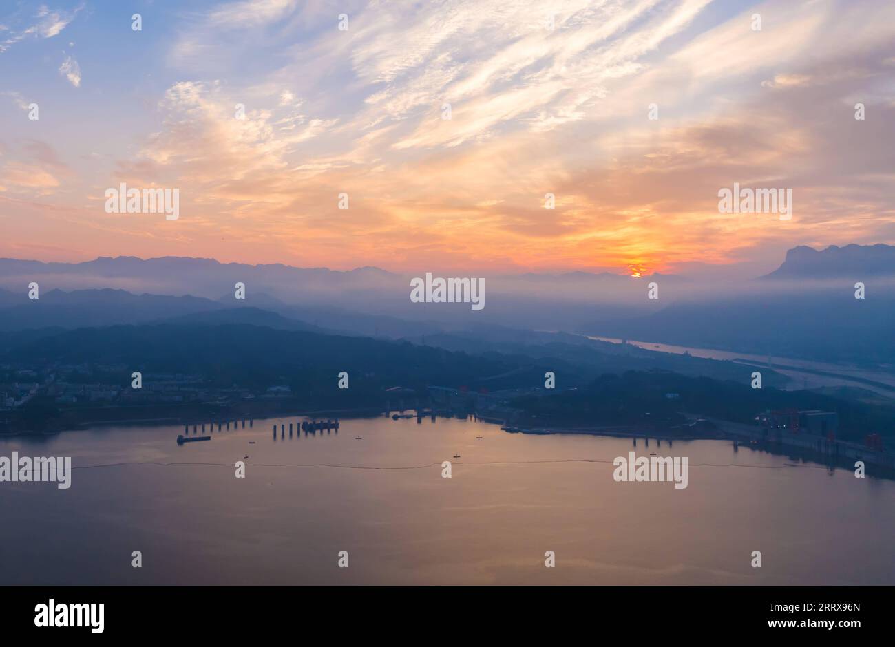230830 -- ZIGUI, Aug. 30, 2023 -- This aerial photo taken on Aug. 30, 2023 shows sunrise over the Three Gorges dam in Zigui County, Yichang City of central China s Hubei Province. Photo by /Xinhua CHINA-HUBEI-ZIGUI COUNTY-SUNRISE CN ZhengxJiayu PUBLICATIONxNOTxINxCHN Stock Photo