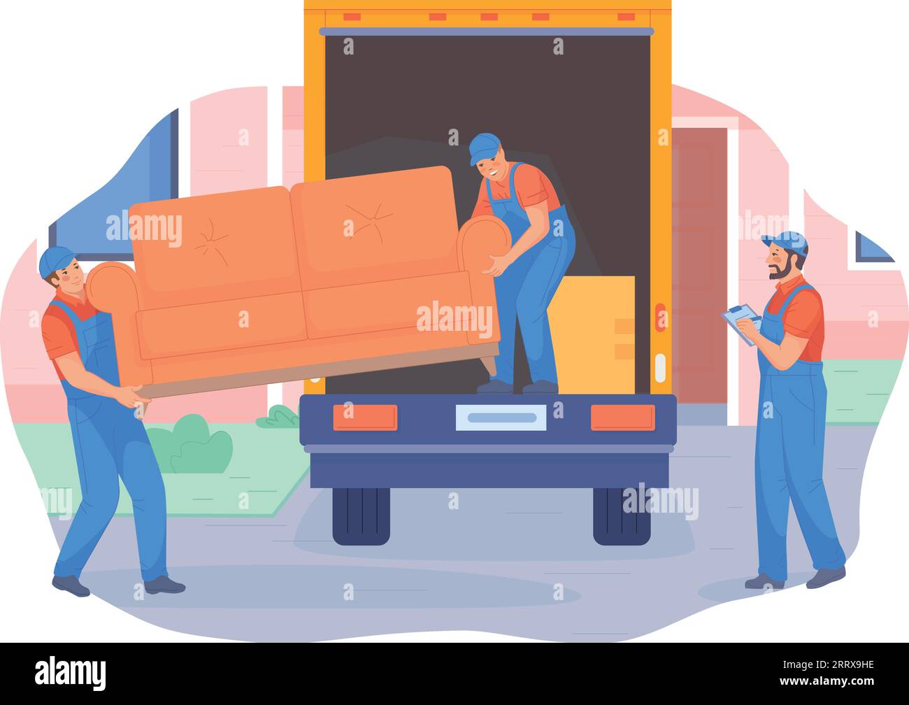 Moving service workers carrying furniture in shipping truck isolated on