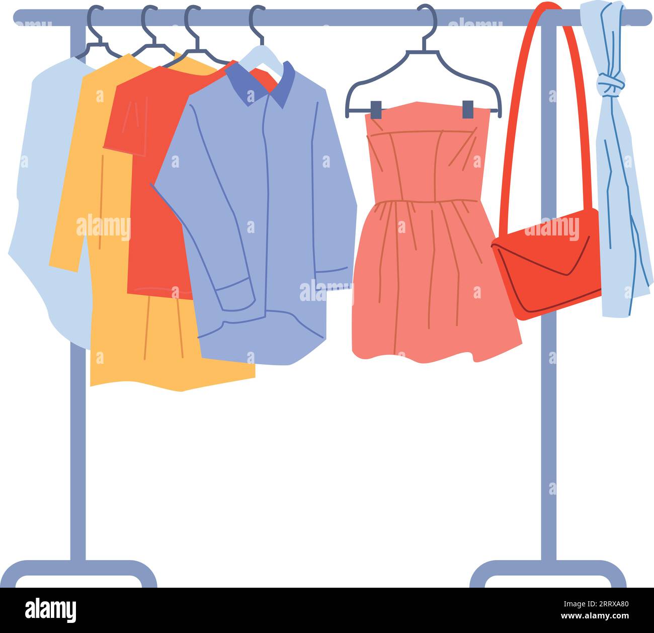 Wardrobe rack with hanging clothes. Outfit store hanger isolated on white background Stock Vector