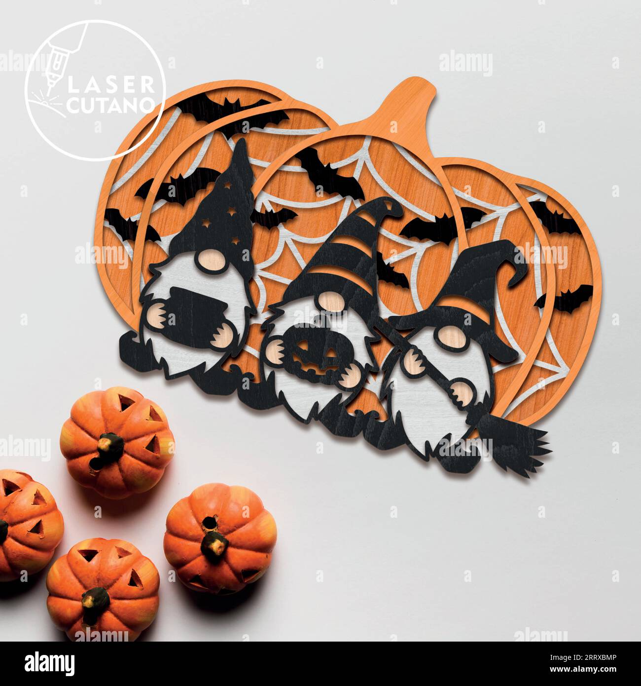 Introducing our exquisitely crafted Halloween Gnomes Collection. Digital multilayer layout files are specially prepared for the laser cut. Stock Vector