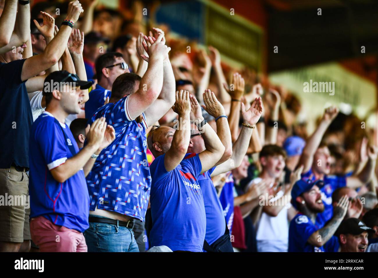 Stevenage on Saturday 9th September 2023. Carlisle fans celebrate after Sean Maguire (24 Carlisle United) goal during the Sky Bet League 1 match between Stevenage and Carlisle United at the Lamex Stadium, Stevenage on Saturday 9th September 2023. (Photo: Kevin Hodgson | MI News) Credit: MI News & Sport /Alamy Live News Stock Photo