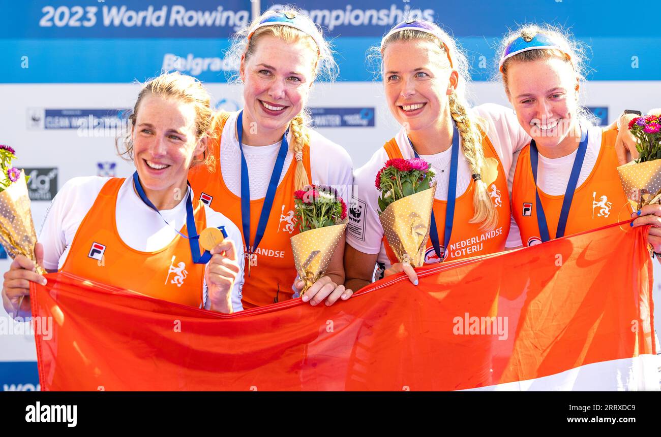 BELGRADE - Marloes Oldenburg, Hermijntje Drenth, Tinka Offereins and Benthe  Boonstra in action during the women's coxless final on the seventh day of  the World Rowing Championships in the Serbian capital Belgrade.