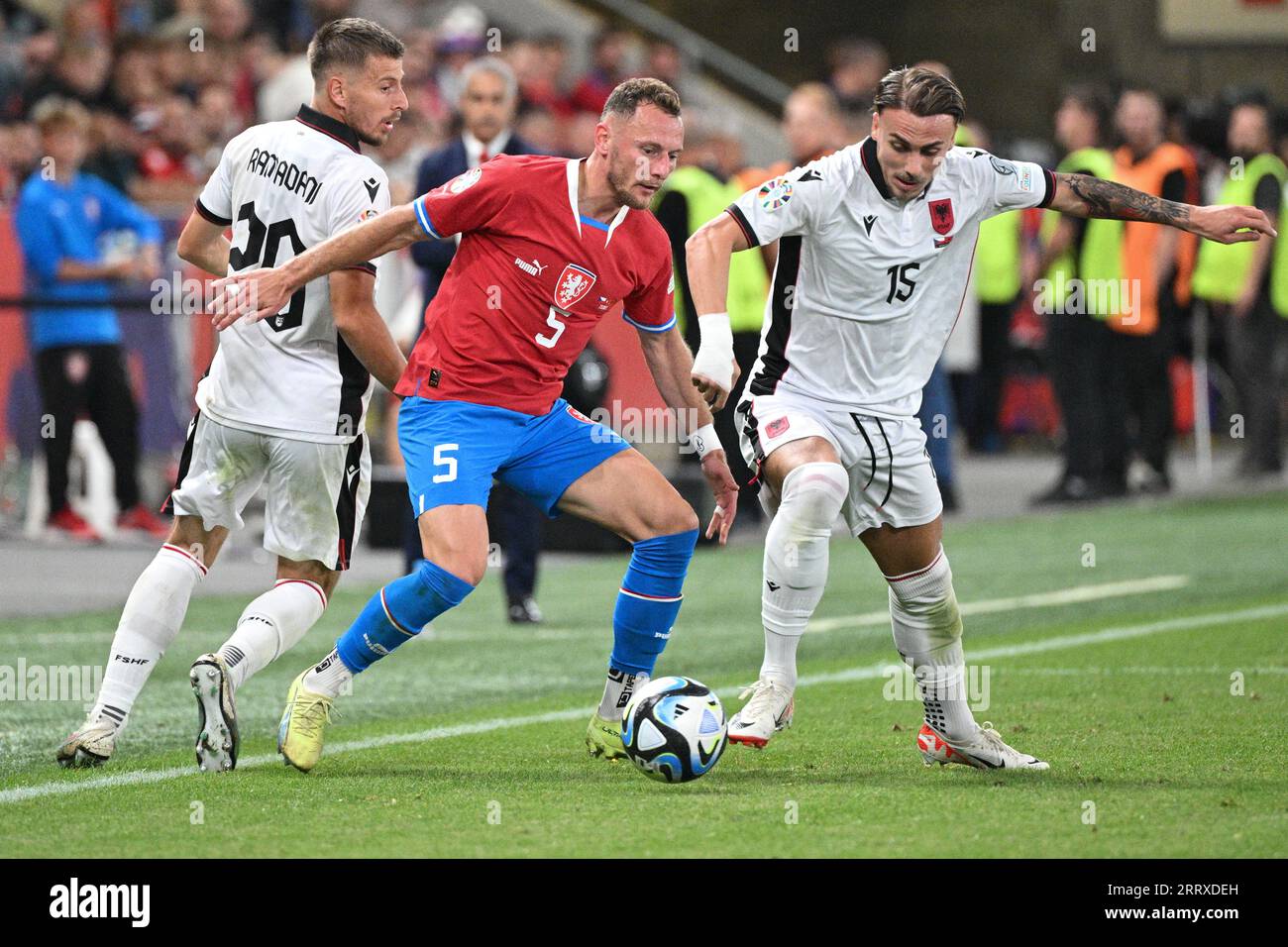 Vladimir Coufal of Czech Republic, left, and Taulant Seferi of Albania in  action during the qualifier for football European Cup, group E, Czech  Republic vs Albania in Prague, Czech Republic, September 7,