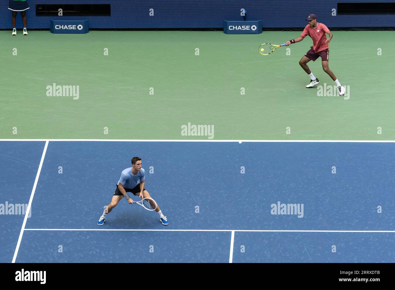 Joe Salisbury of United Kingdom and Rajeev Ram of USA in action during mens doubles final at the US Open Championships at Billie Jean King Tennis Center in New York on September 8, 2023 Stock Photo