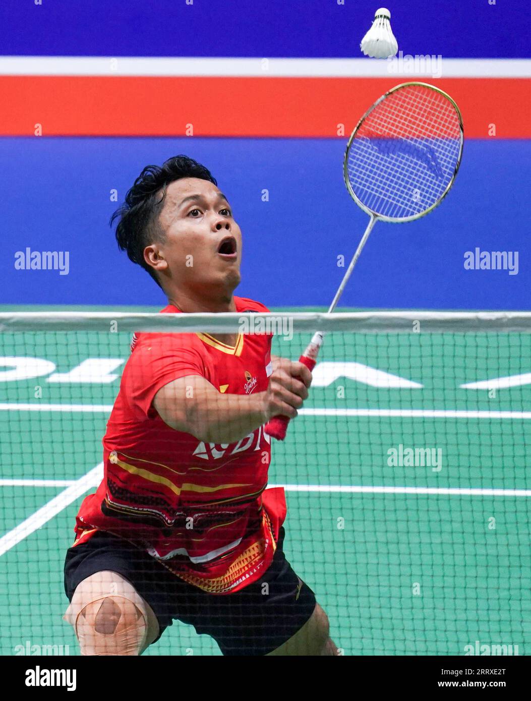230906 -- CHANGZHOU, Sept. 6, 2023 -- Anthony Sinisuka Ginting of Indonesia  competes during the men s singles first round match between Tsuneyama Kanta  of Japan and Anthony Sinisuka Ginting of Indonesia