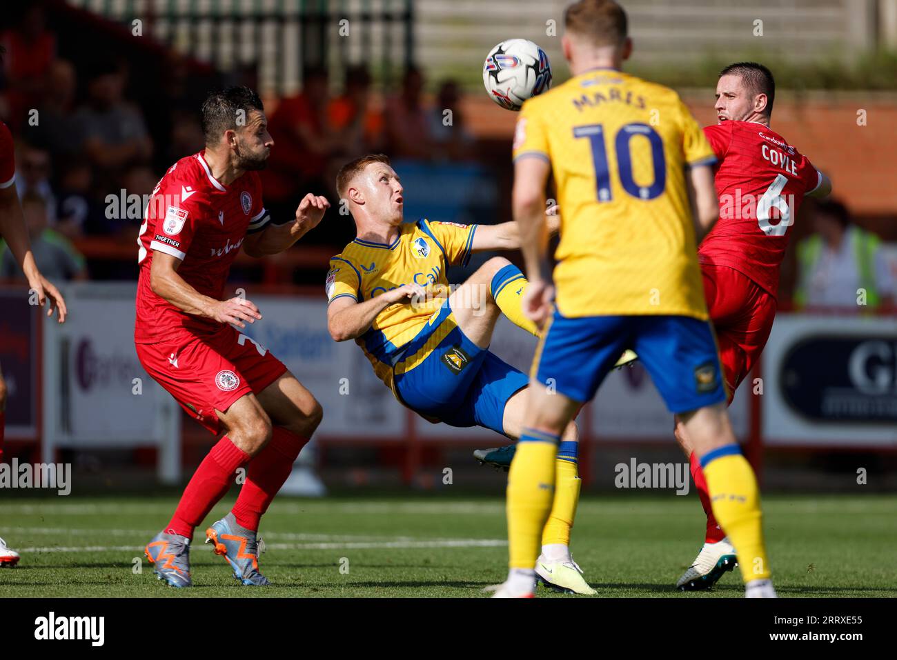 Mansfield Town's Davis Keillor-Dunn (centre-right) scores the opening goal during the Sky Bet League Two match at the Wham Stadium, Accrington. Picture date: Saturday September 9, 2023. Stock Photo