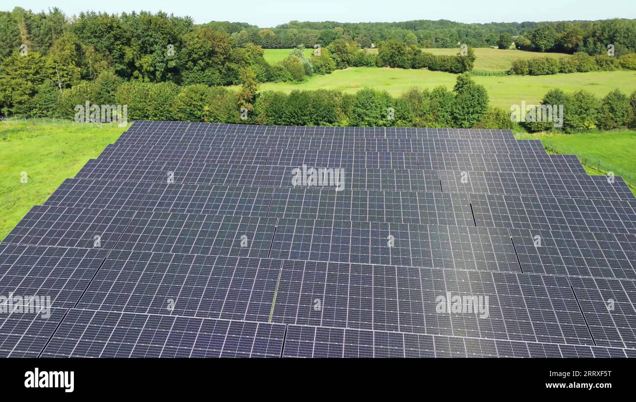 Aerial view of a large solar park for alternative energy production ...