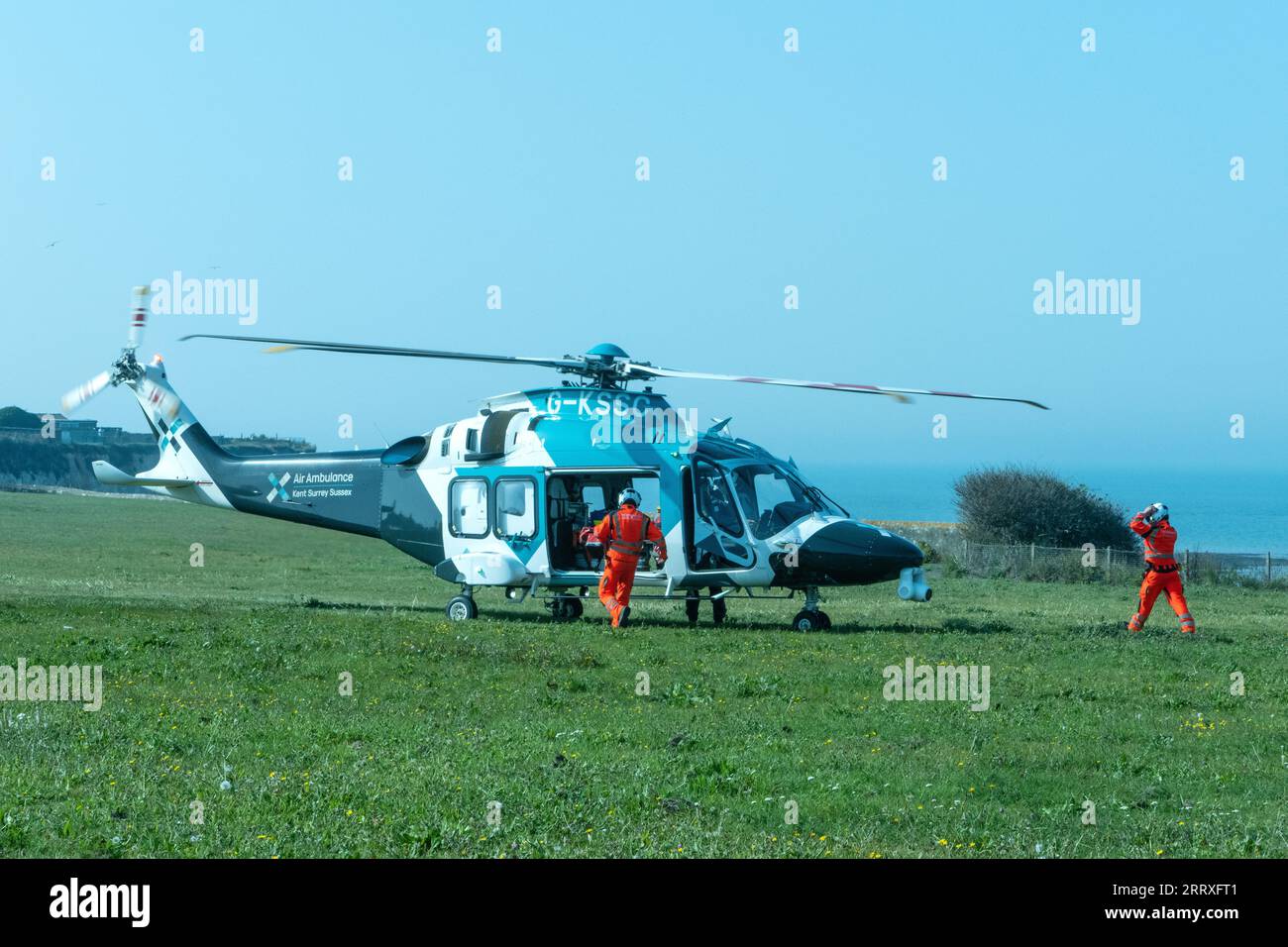 AW 169 helicopter of the Kent Surrey Sussex air Ambulance collecting Paramedic's in Birchington Kent Stock Photo