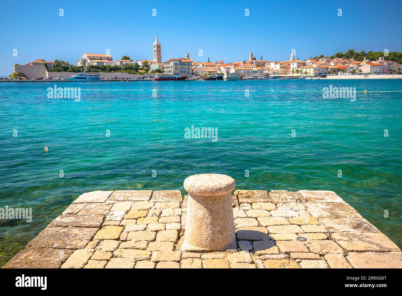 Historic town of Rab scenic beach and architecture view, Island of Rab, archipelago of Croatia