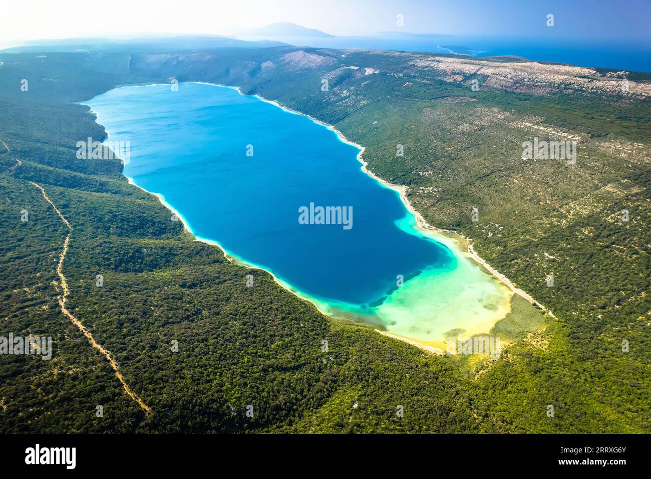 Vransko lake on Cres island aerial view, arcipelago of Croatia Stock Photo