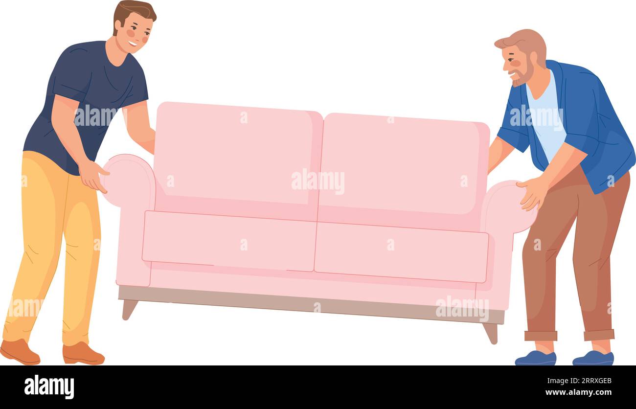 Men carrying sofa. People lifting couch. Moving furniture isolated on