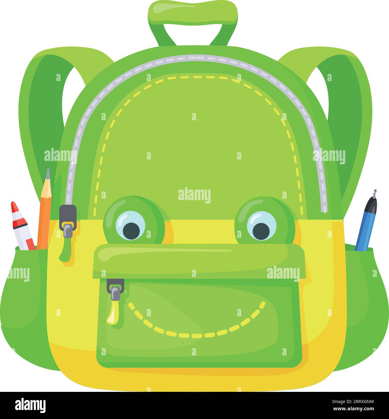 Funny backpack with smiling face. School bag mascot isolated on white