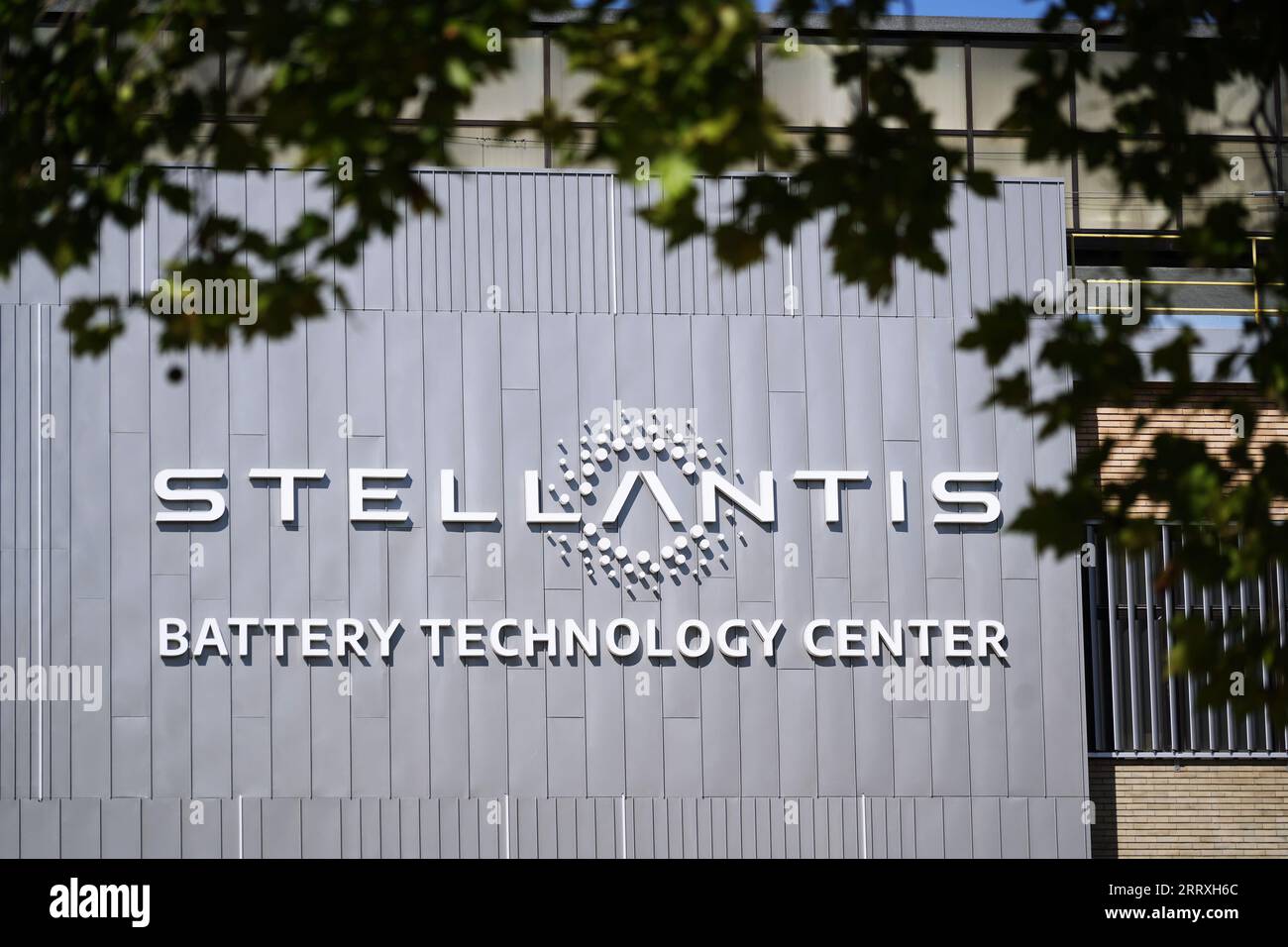 TURIN, ITALY, 8 September 2023 - Stellantis sign at the entrance of the first Battery Technology Centre, one of the largest in Europe, at the Mirafior Stock Photo