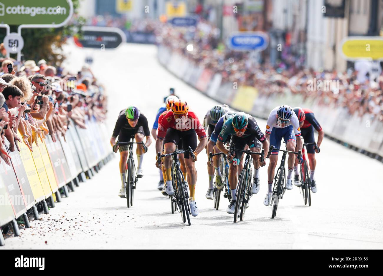 Uno-X Pro Cycling Team's Rasmus Tiller crosses the line to win stage seven of the 2023 Tour of Britain, from Tewkesbury to Gloucester. Picture date: Saturday September 9, 2023. Stock Photo