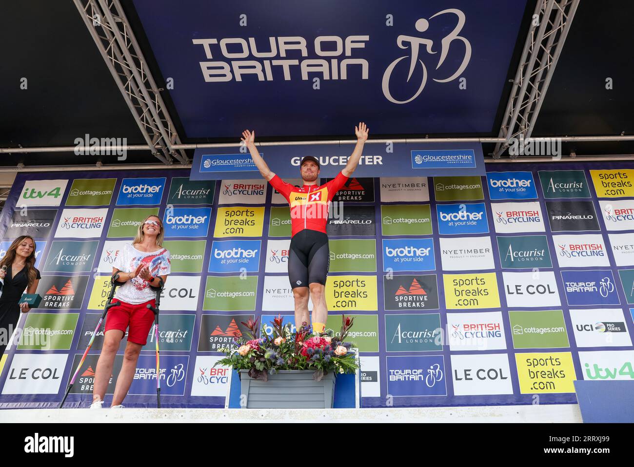 Stage winner Uno-X Pro Cycling Team's Rasmus Tiller on the podium following stage seven of the 2023 Tour of Britain, from Tewkesbury to Gloucester. Picture date: Saturday September 9, 2023. Stock Photo
