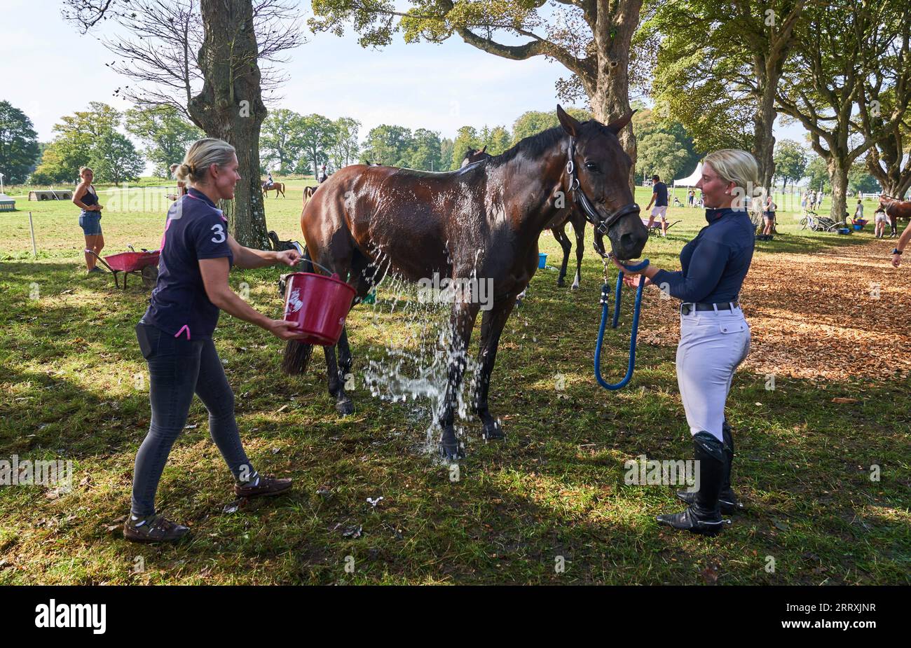 EDITORIAL USE ONLY A horse is cooled down with water after competing in