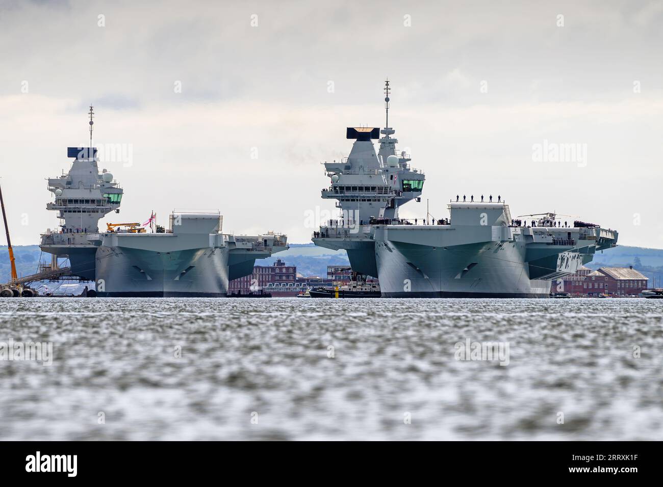 The Royal Navy's Queen Elizabeth aircraft carriers, HMS Queen Elizabeth and HMS Prince of Wales, together at Portsmouth. Stock Photo