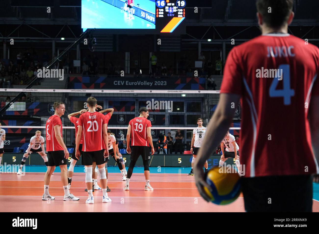 Switzerland national team seen during the Final Round Day 8 of the Men’s CEV Eurovolley 2023 between Switzerland vs Belgium. Belgium national team beats Switzerland with a score 3-0 Stock Photo