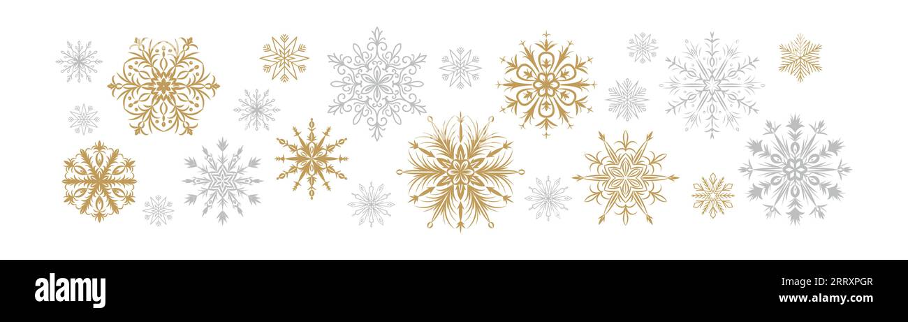 Golden and silver snowflakes. Merry Christmas and happy new year greeting card design element. Vector illustration isolated on white. Winter backgroun Stock Vector