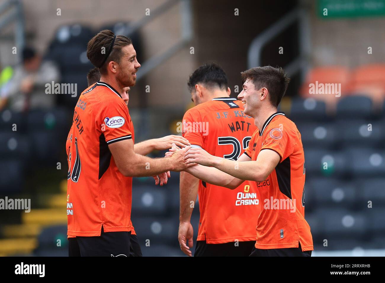 9th September 2023;  Tannadice Park, Dundee, Scotland: Scottish SPFL Trust Football, Dundee United versus Dunfermline; Declan Glass of Dundee United is congratulated by Declan Gallagher  after scoring for 3-0 in the 37th minute Stock Photo