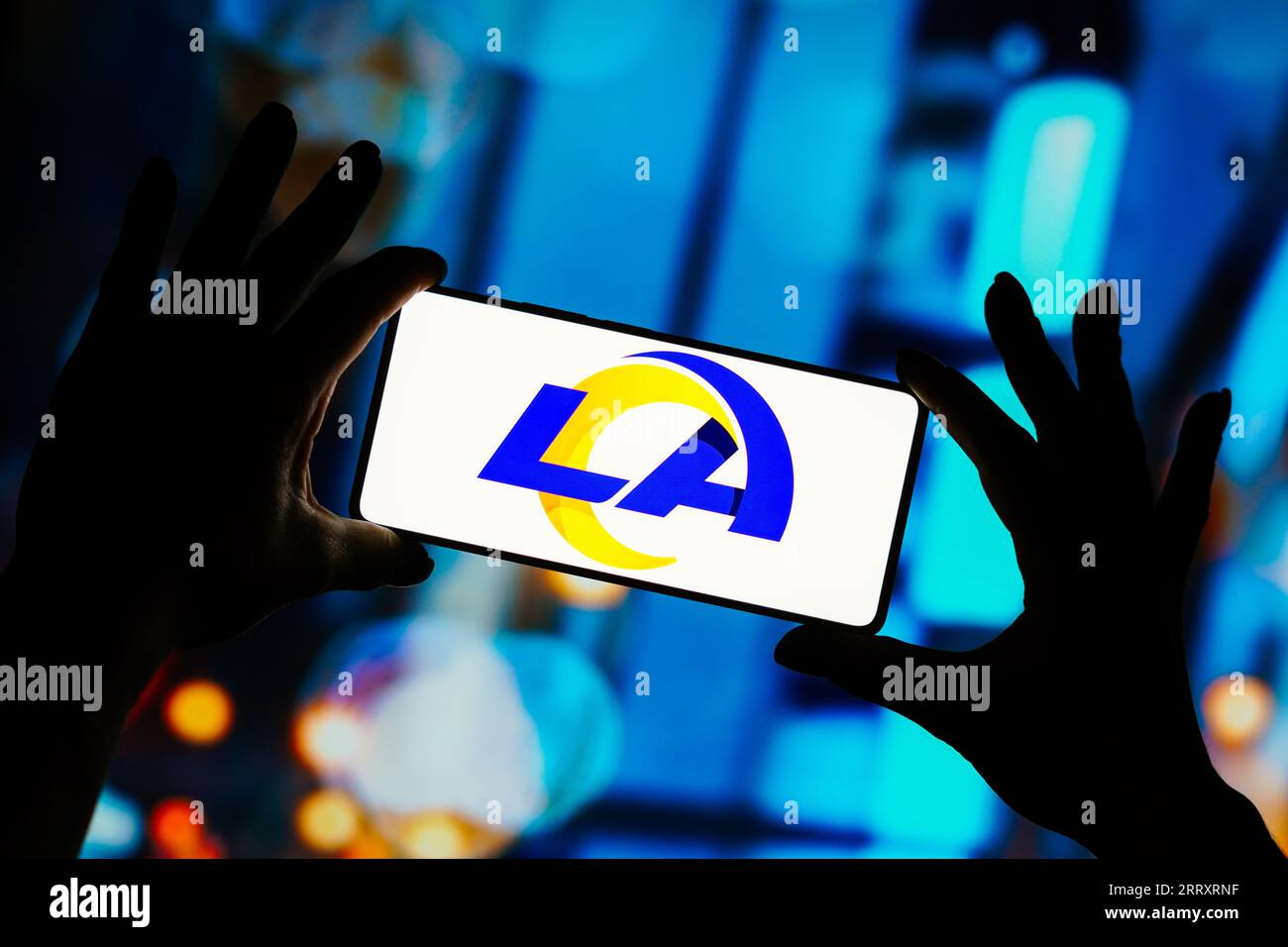 In this photo illustration, the Los Angeles Rams logo is displayed on a ...