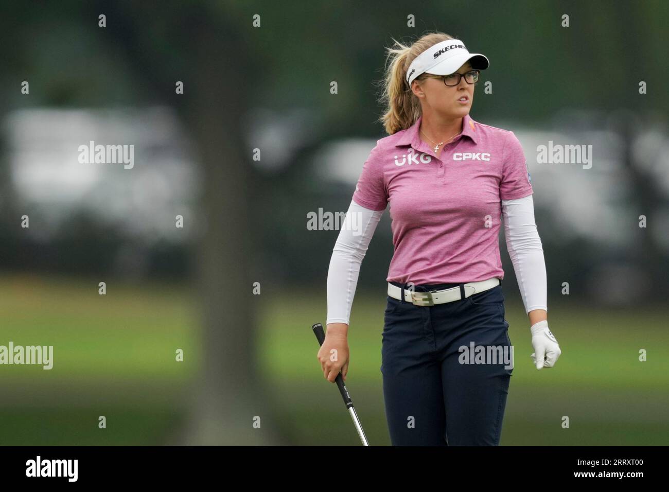 Brooke Henderson, of Canada, lines up a shot on the fairway on the