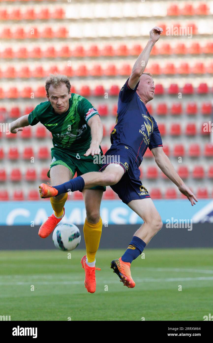 Zulte, Belgium. 09th Sep, 2023. St-Lenaarts' Anthony Laureyssens and Essevee's Christian Bruls fight for the ball during a Croky Cup 6th round match between Zulte-Waregem (Challenger Pro League) and KFC Sint-Lenaarts (3rd amateur division), in Zulte, Saturday 09 September 2023. BELGA PHOTO KURT DESPLENTER Credit: Belga News Agency/Alamy Live News Stock Photo