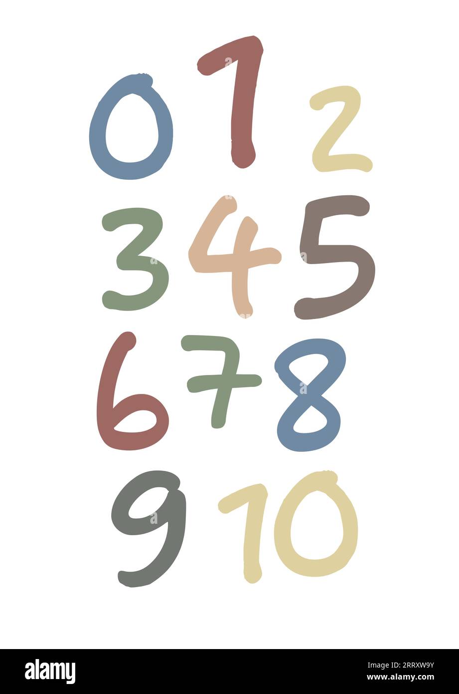Brush alphabet numbers digital style drawn doodle sketch. Numbers 1, 2