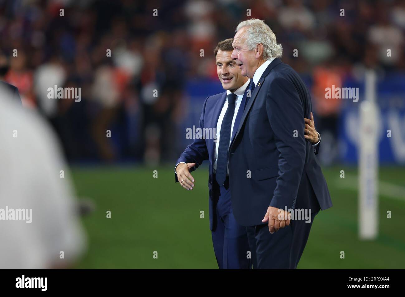 Paris, France. 9th Sep, 2023. Chairman of World Rugby Bill Beaumont (R) and French President Emmanuel Macron share a moment during the Opening Ceremony before the Rugby World Cup 2023 match at Stade de France, Paris. Picture credit should read: Paul Thomas/Sportimage Credit: Sportimage Ltd/Alamy Live News Stock Photo