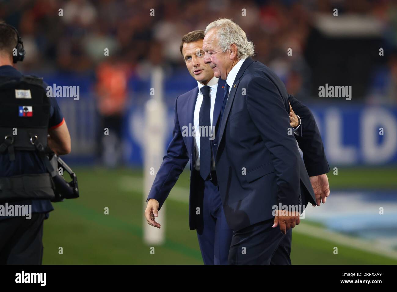 Paris, France. 9th Sep, 2023. Chairman of World Rugby Bill Beaumont (R) and French President Emmanuel Macron share a moment during the Opening Ceremony before the Rugby World Cup 2023 match at Stade de France, Paris. Picture credit should read: Paul Thomas/Sportimage Credit: Sportimage Ltd/Alamy Live News Stock Photo