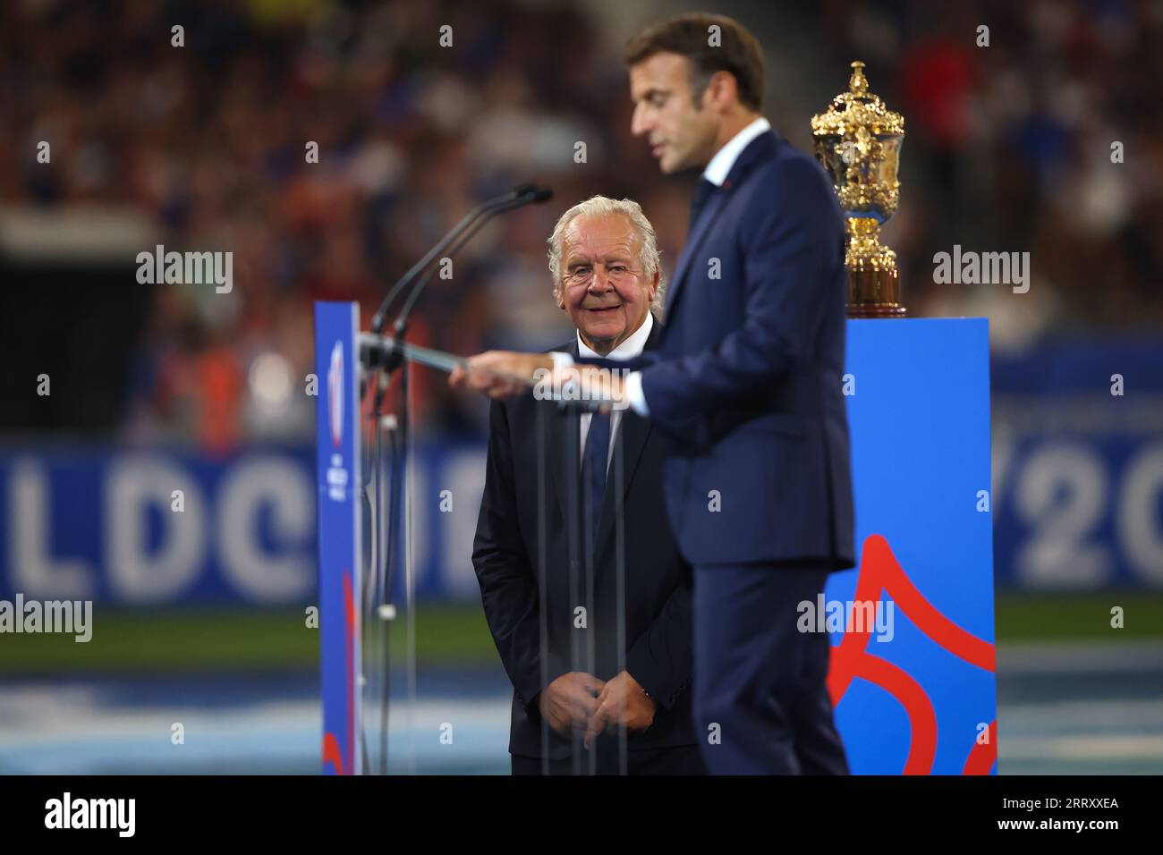 Paris, France. 9th Sep, 2023. Chairman of World Rugby Bill Beaumont (L) watches on as French President Emmanuel Macron speaks during the Opening Ceremony before the Rugby World Cup 2023 match at Stade de France, Paris. Picture credit should read: Paul Thomas/Sportimage Credit: Sportimage Ltd/Alamy Live News Stock Photo