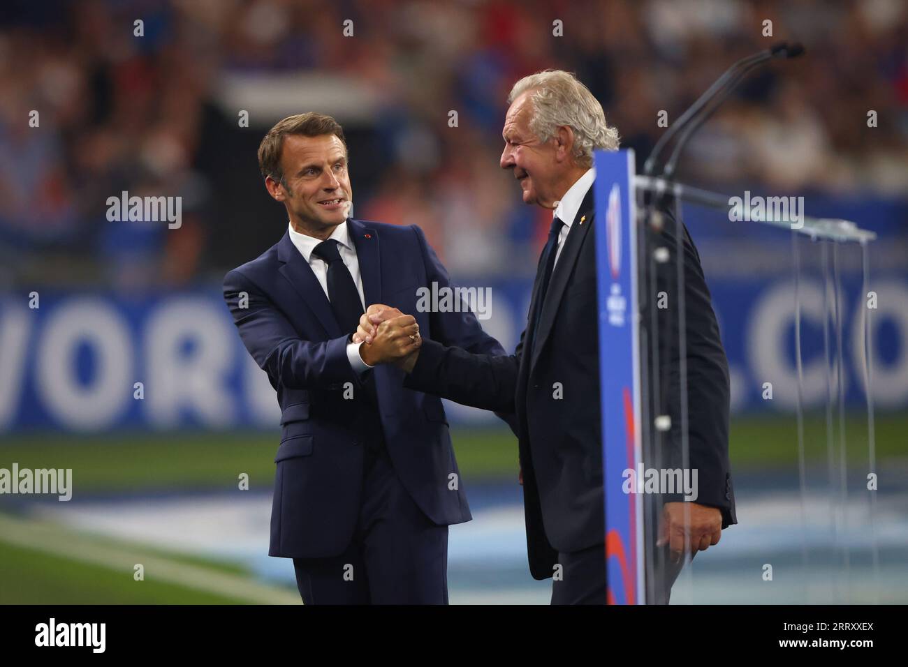 Paris, France. 9th Sep, 2023. Chairman of World Rugby Bill Beaumont (R) and French President Emmanuel Macron shake hands during the Opening Ceremony before the Rugby World Cup 2023 match at Stade de France, Paris. Picture credit should read: Paul Thomas/Sportimage Credit: Sportimage Ltd/Alamy Live News Stock Photo
