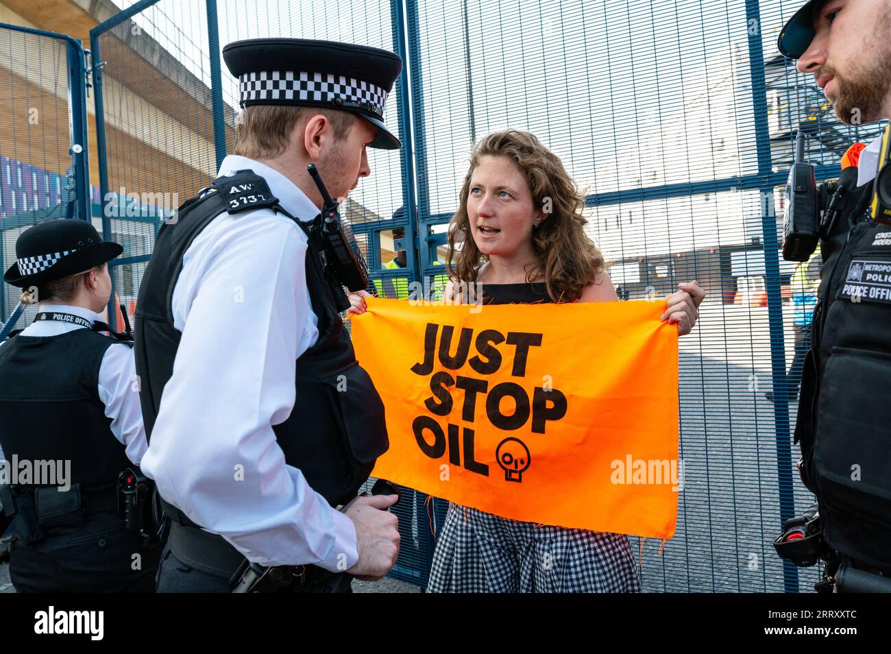 London, UK. 9 September 2023. Protesters block the service entrance to ...