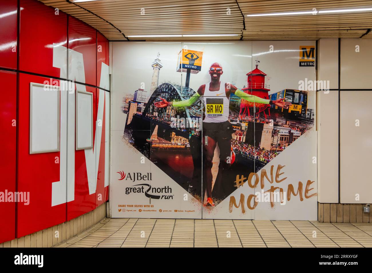 Newcastle upon Tyne, UK. 9th September 2023. The AJ Bell Great North Run 2023 taking place tomorrow on Tyneside, is to be four-time Olympic champion and GBR athlete Sir Mo Farah's final competitive race. Signage within Monument Metro station pays tribute. Credit: Hazel Plater/Alamy Live News Stock Photo