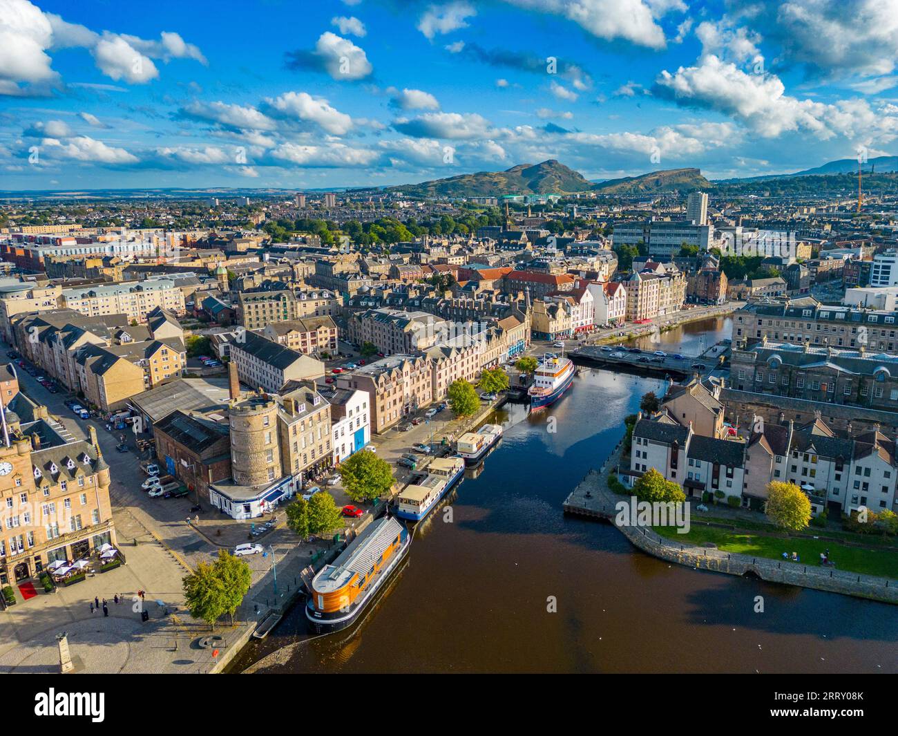 Aerial view in late afternoon of popular The Shore riverside district beside Leith Water river, Leith,  Edinburgh, Scotland, UK Stock Photo