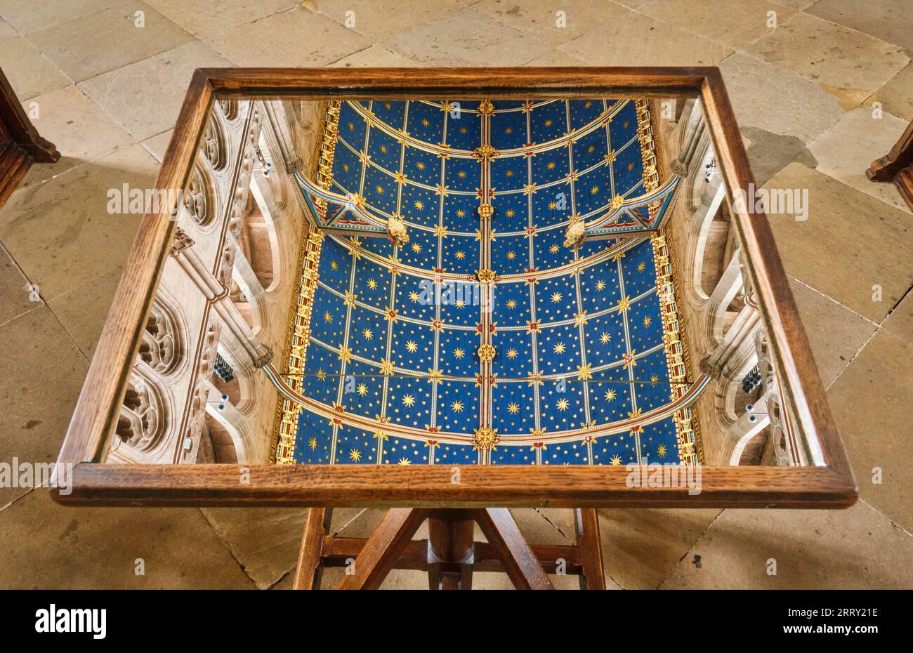 Ornate ceiling reflected in mirror in the nave of Carlisle Cathedral, Carlisle, Cumbria Stock Photo