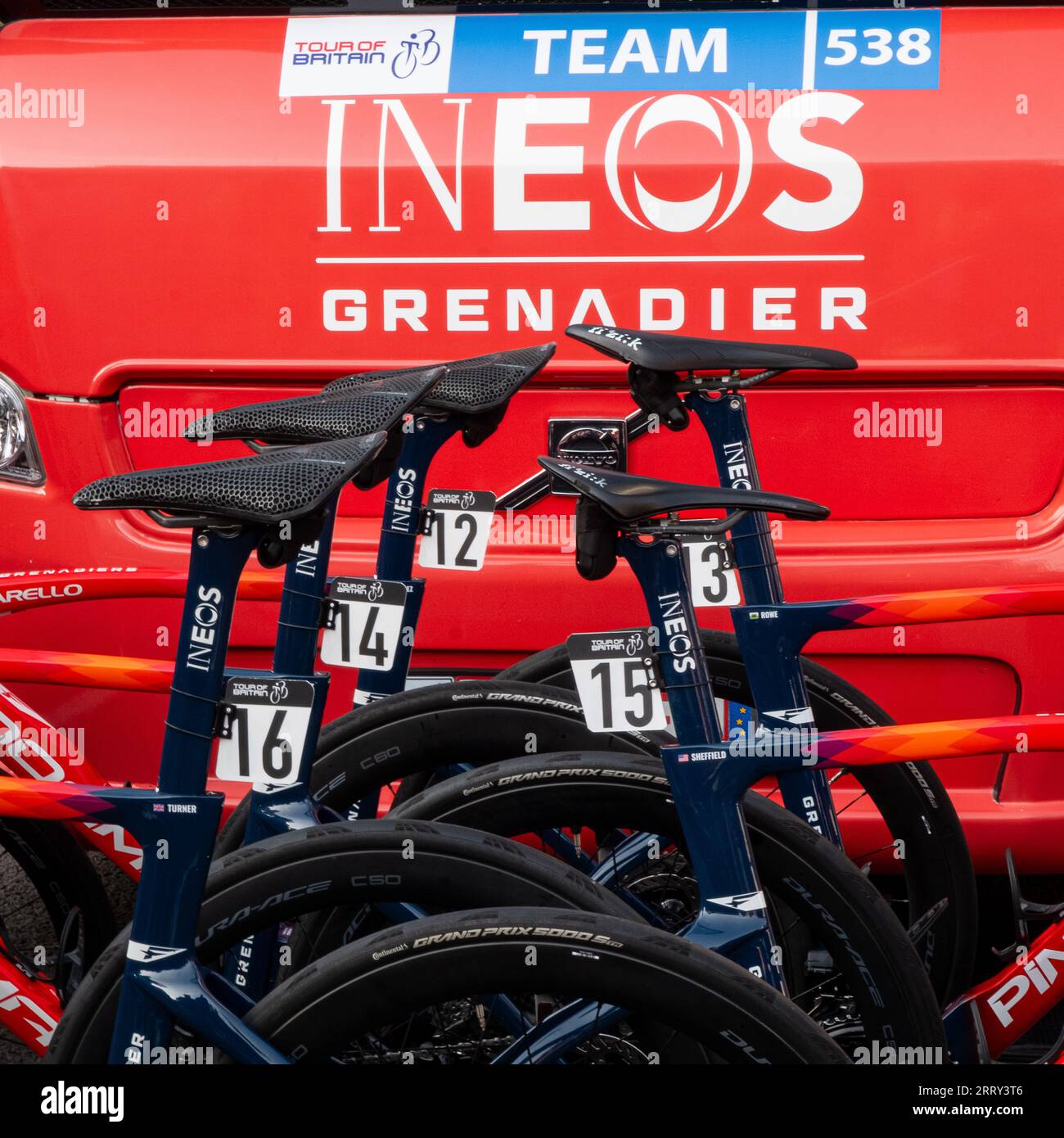 The Tour of Britain 2023 Start of stage 7 from Tewkesbury to Gloucester. Bikes ready for the