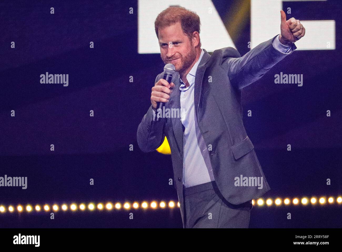 Düsseldorf, Germany. 09th Sep, 2023. Prince Harry, the Duke of Sussex, speaks at the ceremony. The Invictus Games 2023 begins with opening ceremony on 9th September. The motto of the Invictus Games Düsseldorf is 'A Home for Respect', which characterises the spirit of the games. Prince Harry is a patron of the Invictus Games foundation. Credit: Imageplotter/Alamy Live News Stock Photo