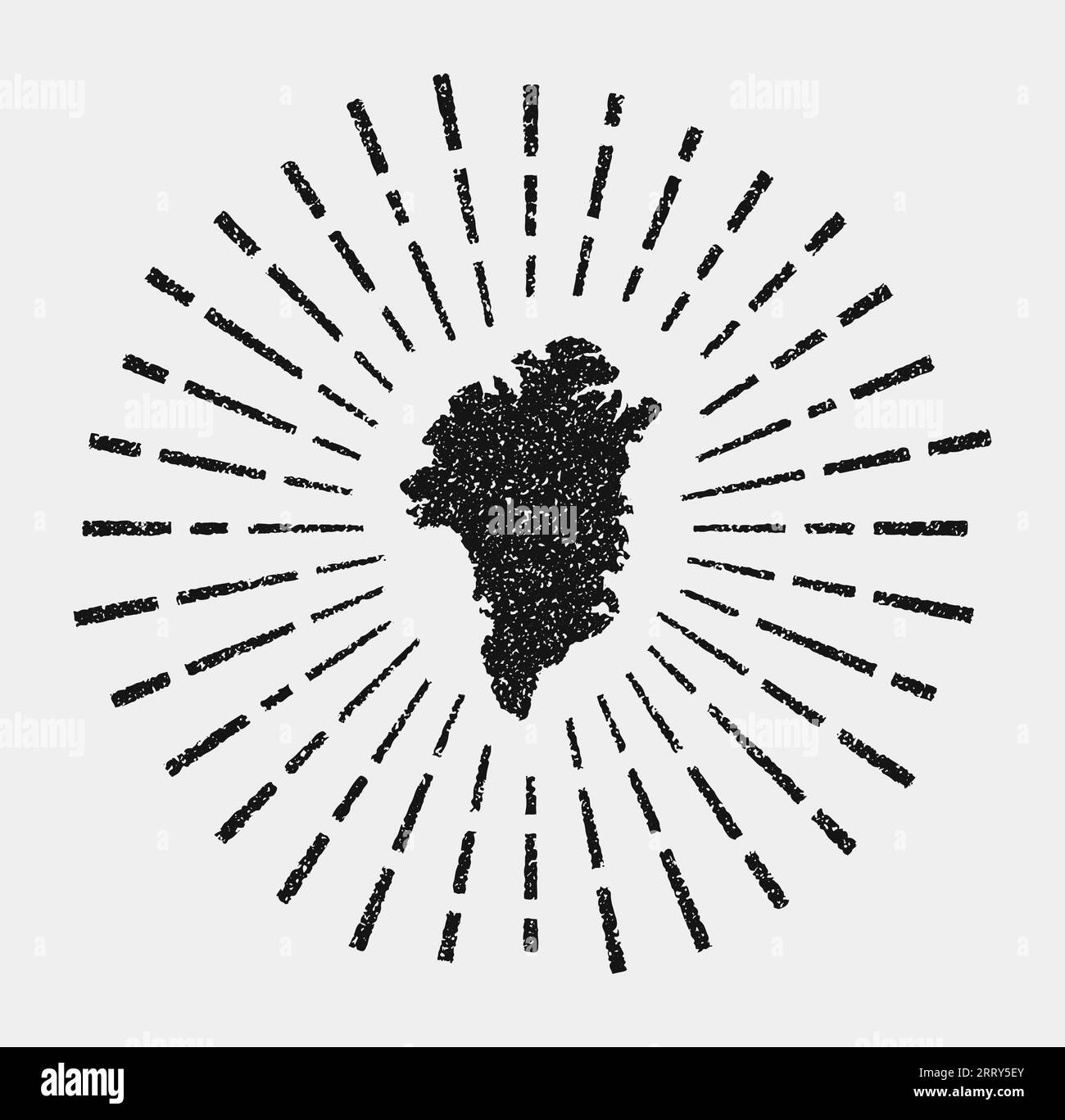 Vintage map of Greenland. Grunge sunburst around the country. Black Greenland shape with sun
