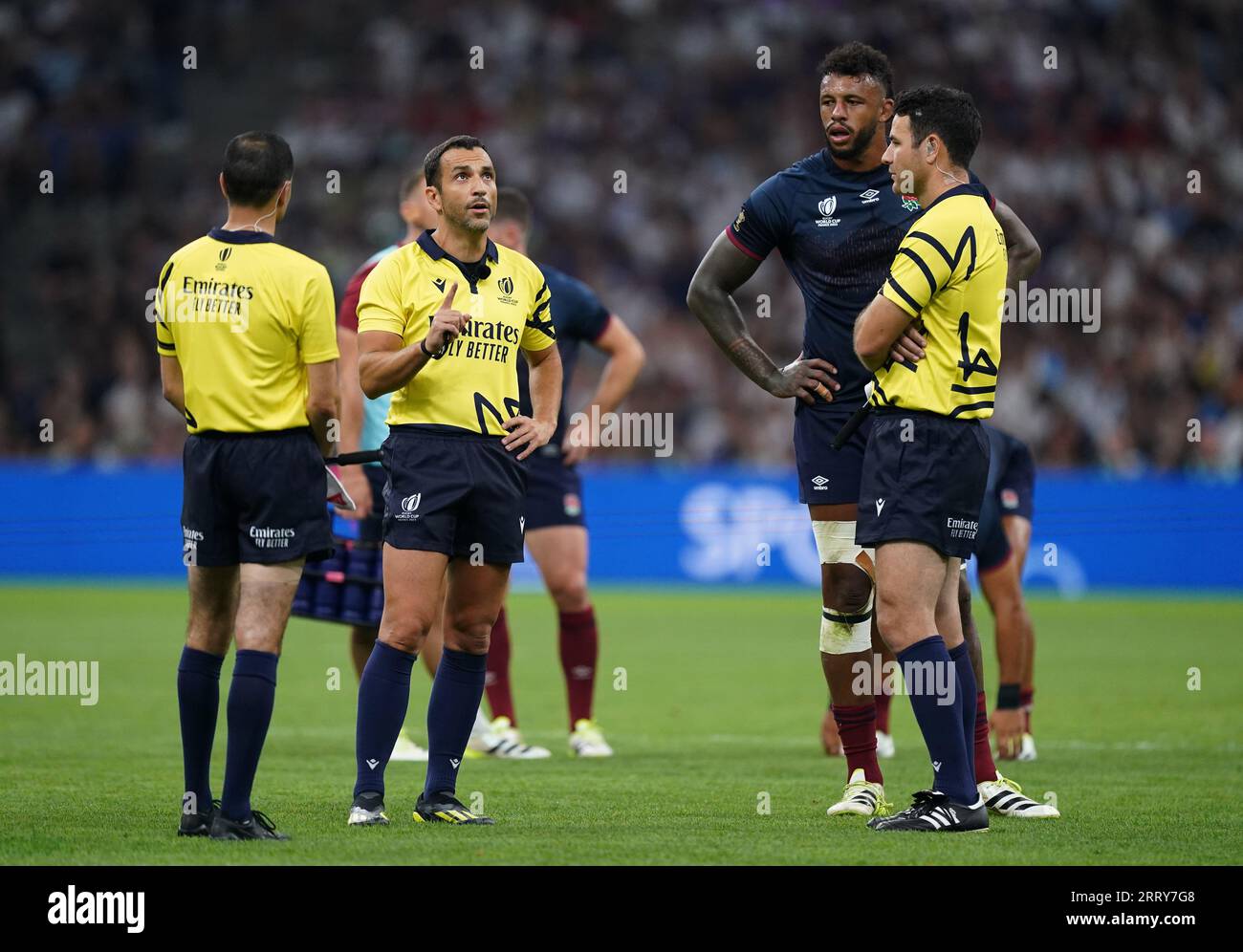 England's Courtney Lawes looks on as referee Mathieu Raynal (second left) waits for TMO review before a yellow card for England's Tom Curry (not pictured) during the 2023 Rugby World Cup Pool D match at the Stade de Marseille, France. Picture date: Saturday September 9, 2023. Stock Photo