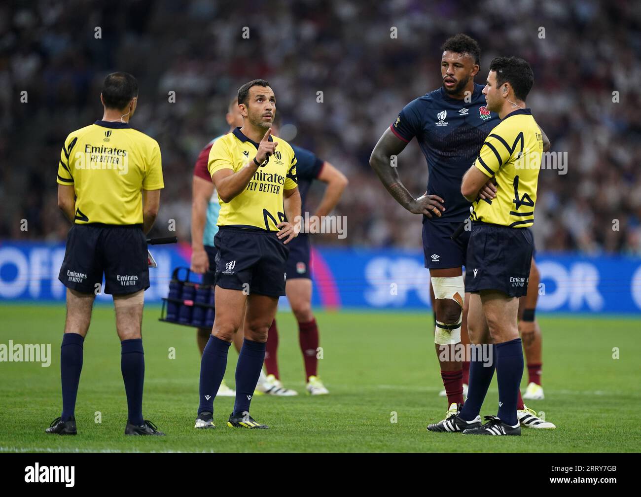 Referee Mathieu Raynal (left) waits for TMO review before a yellow card for England's Tom Curry (not pictured) during the 2023 Rugby World Cup Pool D match at the Stade de Marseille, France. Picture date: Saturday September 9, 2023. Stock Photo