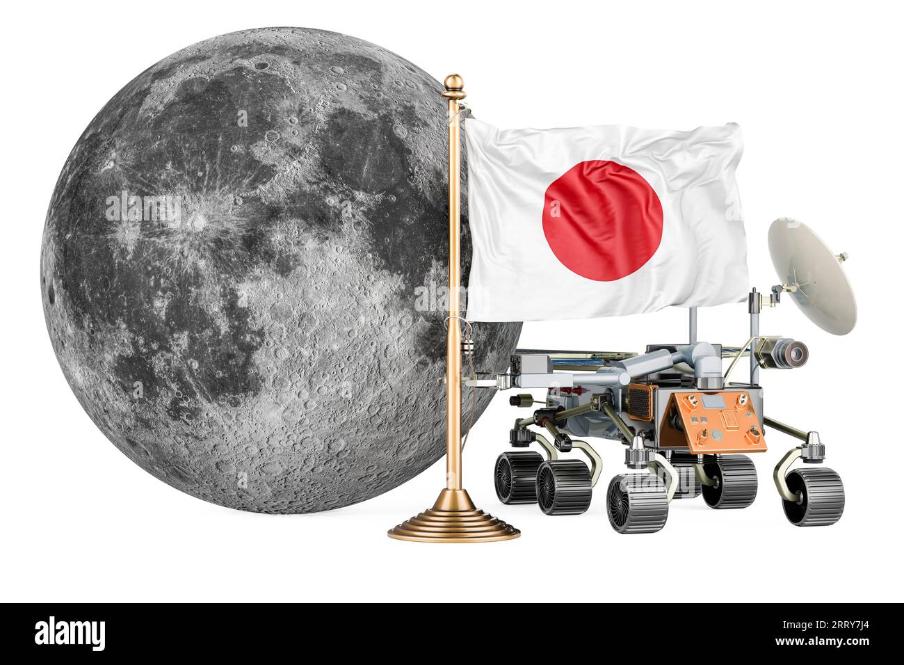 Japanese Lunar Exploration Program. Planetary rover with Moon and Japanese flag. 3D rendering isolated on white background Stock Photo