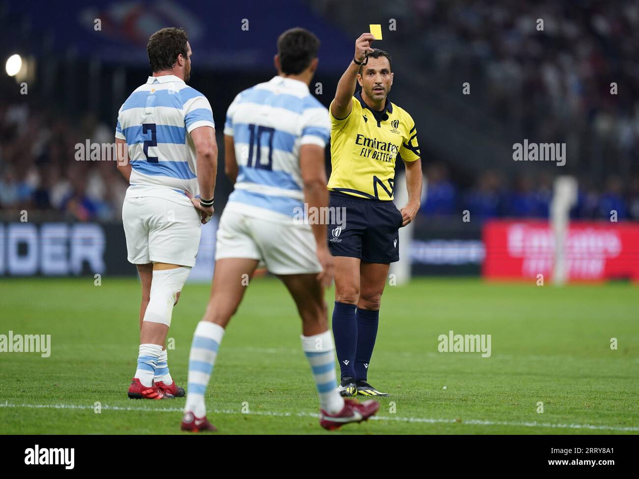 Referee Mathieu Raynal shows a yellow card to Argentina's Santiago Carreras during the 2023 Rugby World Cup Pool D match at the Stade de Marseille, France. Picture date: Saturday September 9, 2023. Stock Photo